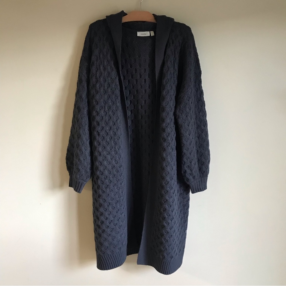Cloth Long Cable Knit Open Cardigan Duster Longline Dark Grey Hooded Size Large